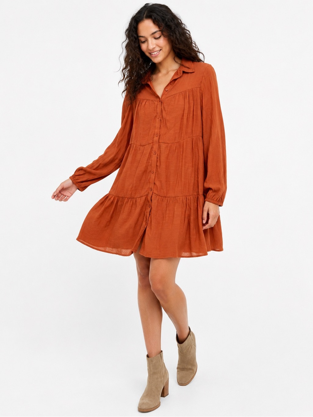 Tiered Button-Front Rust Long-Sleeve Dress